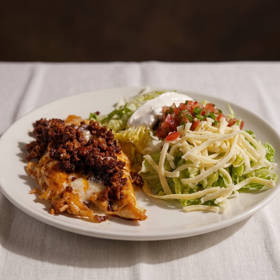 A plate of enchiladas topped with ground meat, with a side of shredded lettuce, cheese, and salsa.