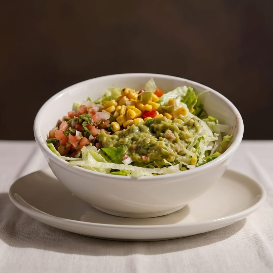 A white bowl filled with lettuce, guacamole, corn, and pico de gallo on a white tablecloth.