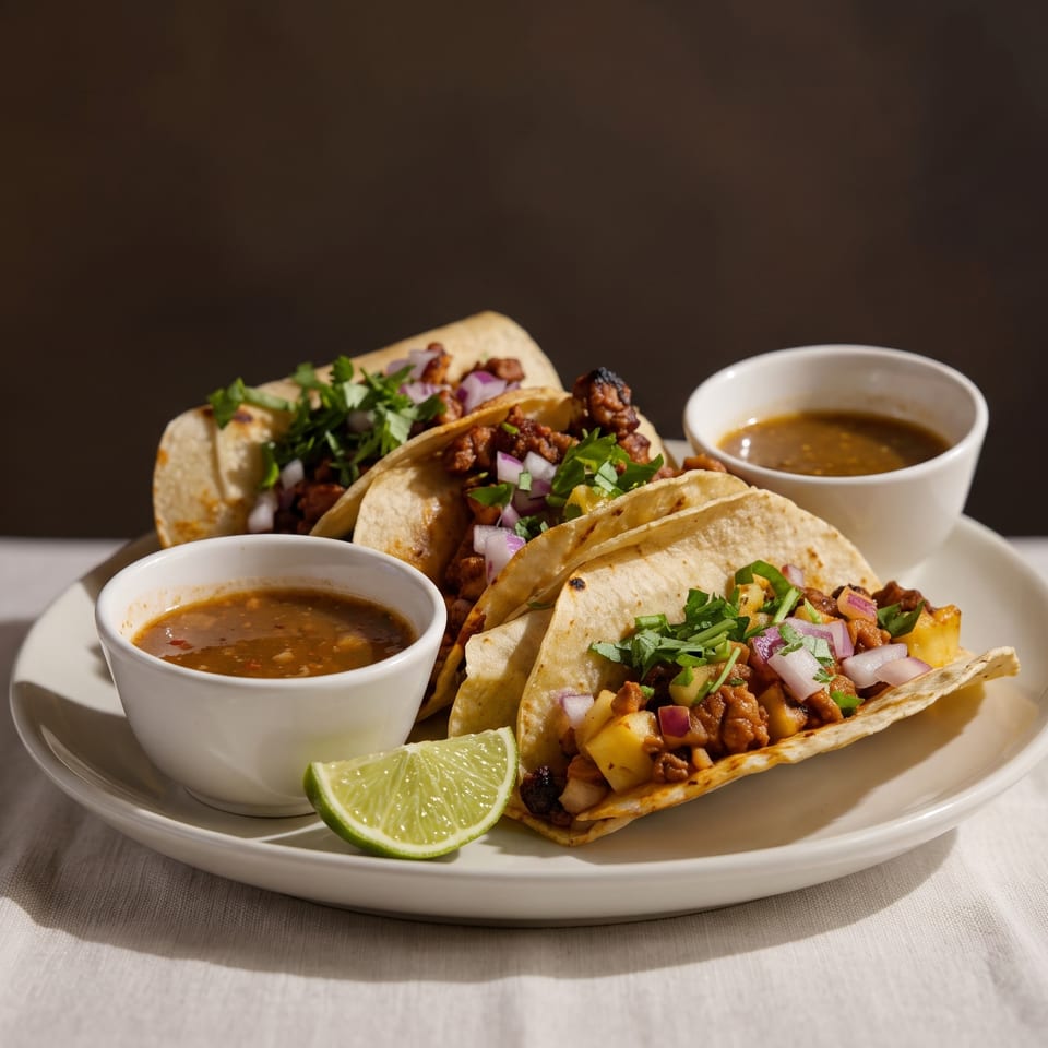 Three tacos with meat, pineapple, cilantro, and red onion, served with two small bowls of sauce and a lime wedge.