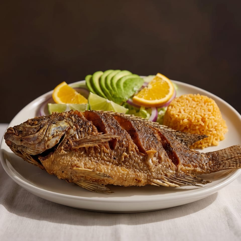 Whole fried fish with rice, avocado, and citrus slices on a white plate.