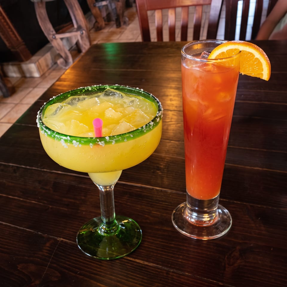 A yellow margarita with a salted rim and a red cocktail with an orange slice on a wooden table.