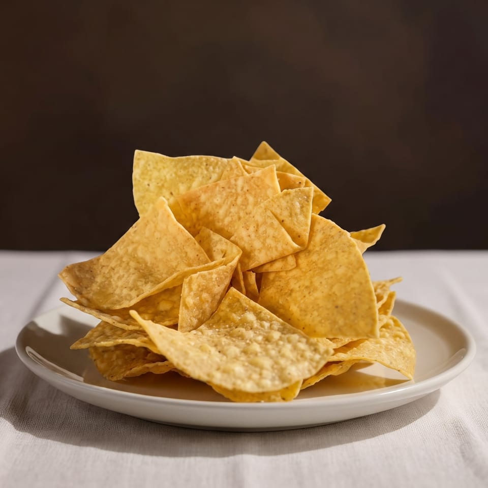 A white plate piled high with golden tortilla chips sits on a white tablecloth.